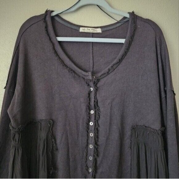 We The Free Oversize Button Down Knit Boho Gray Thermal Top Basics Minimalist S - Picture 3 of 11